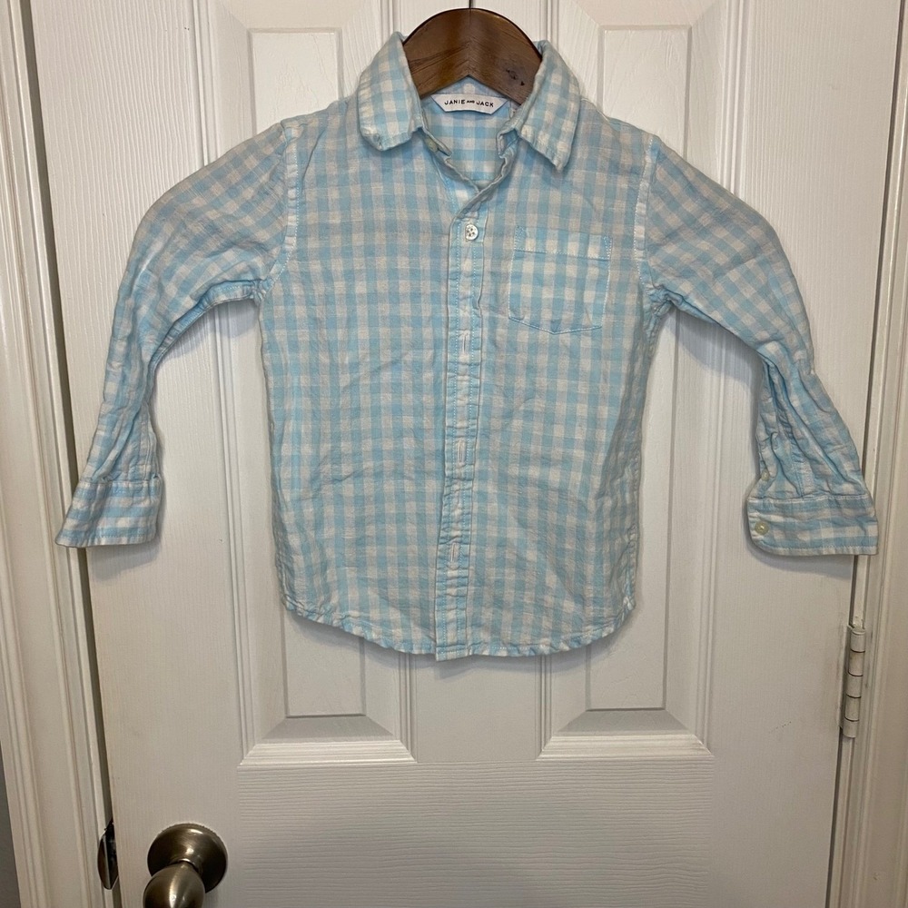 Janie and Jack Button Down Shirt Boys Size 3‎ Light Blue Gingham Linen Blend